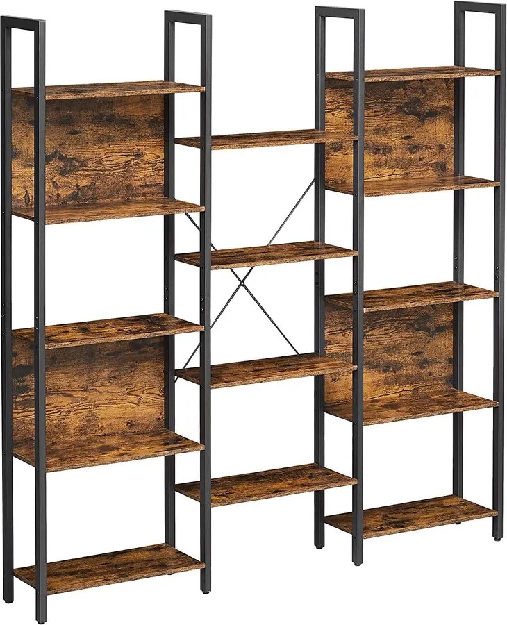 Könyvespolc 14 polccal, acélvázzal, 158 x 24 x 166 cm, rusztikus barna és fekete