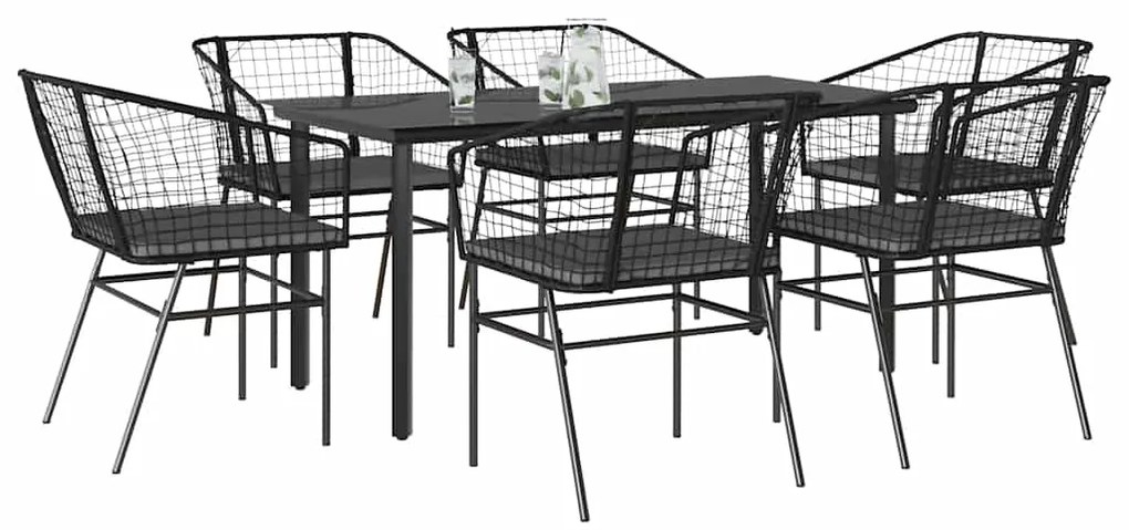 vidaXL 7 részes fekete polyrattan üveg kerti étkezőgarnitúra párnákkal