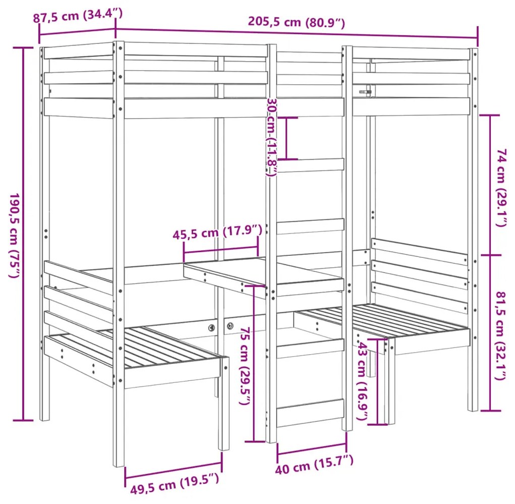 barna fenyő galériaágy-keret asztallal és székekkel 90 x 200 cm