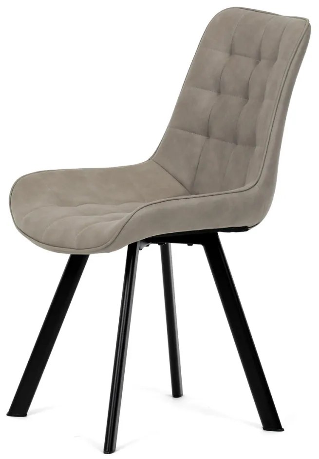 Scaun de sufragerie, stofă bej, decor piele periată, picioare din metal negru
