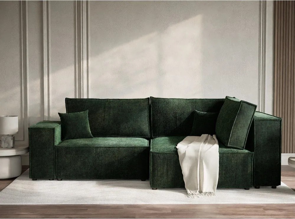 Sötétzöld zsenília kinyitható-tárolóhelyes sarokkanapé (jobb oldali-L alakú) Tonga – Maison de Rêve