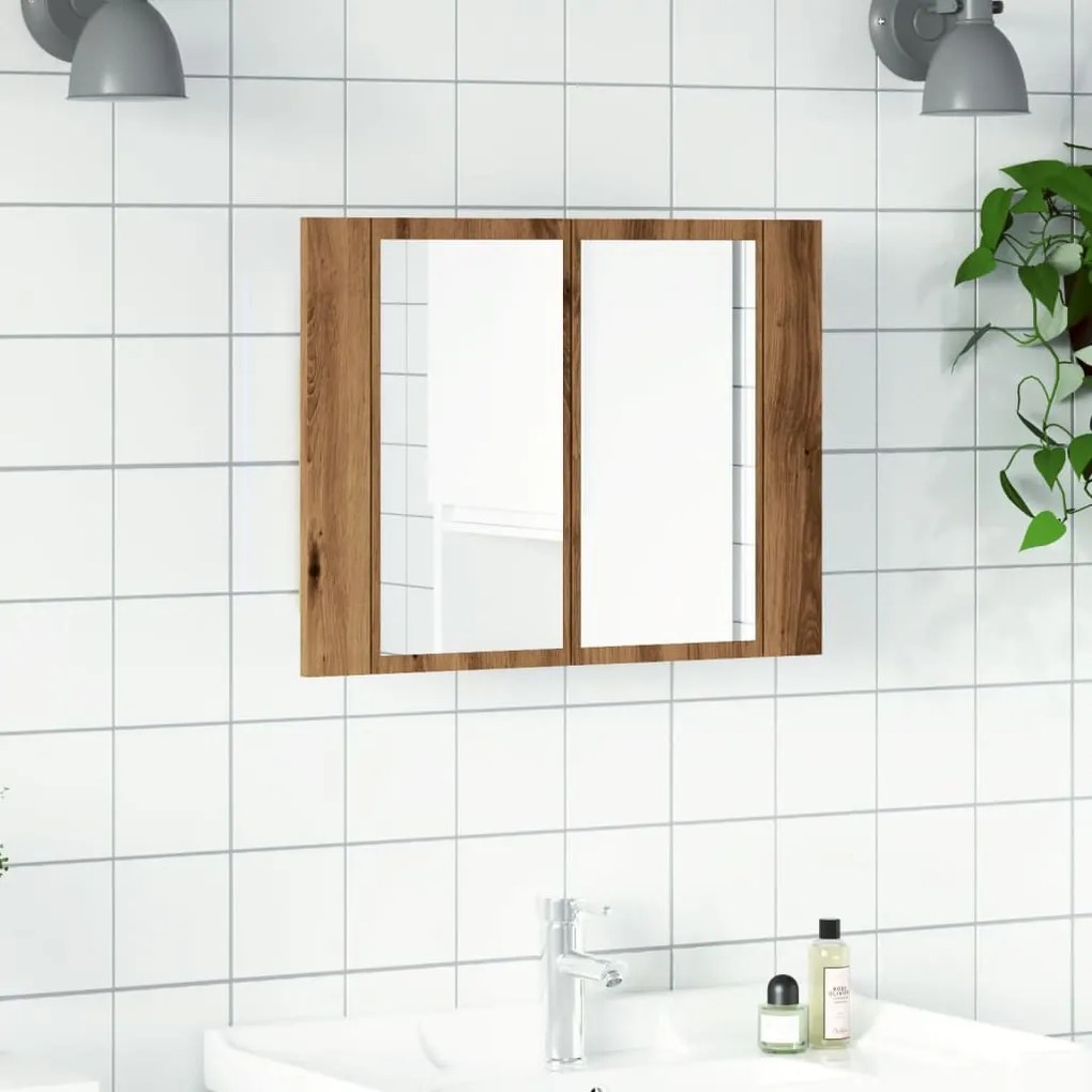 kézműves tölgyszínű szerelt fa tükörszekrény LED-del 60x12x45cm