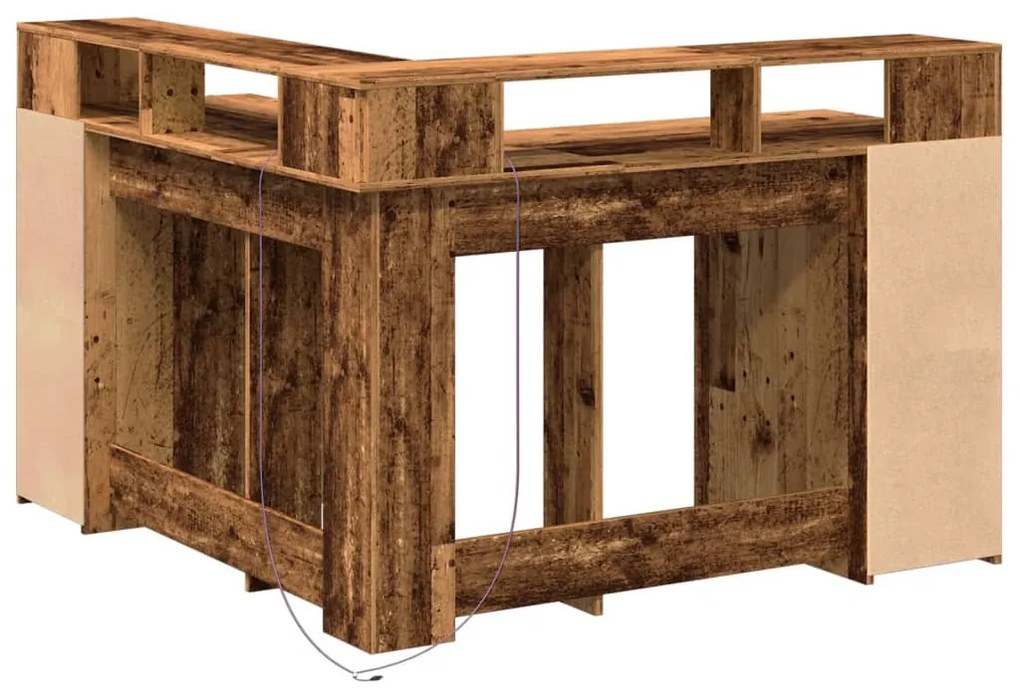 antik fa színű szerelt fa íróasztal LED-ekkel 130 x 130 x 91 cm