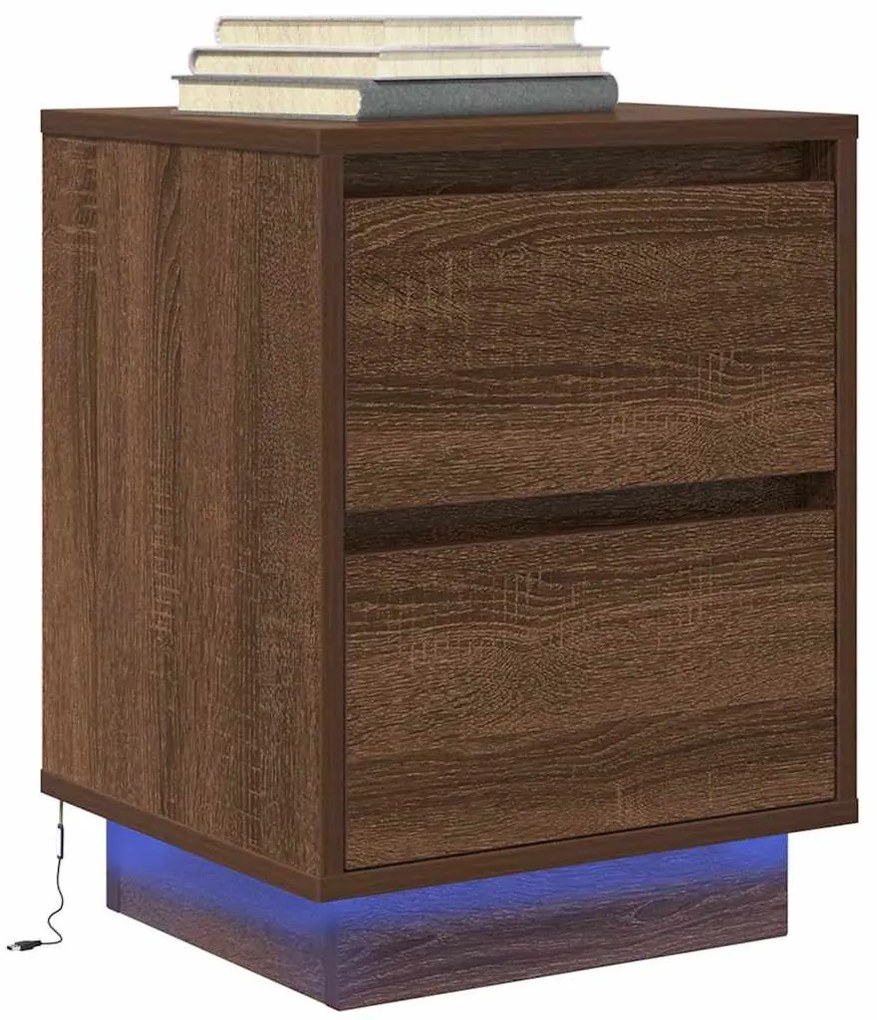 2 db barna tölgyfa éjjeliszekrények LED világítással 38x34x50cm
