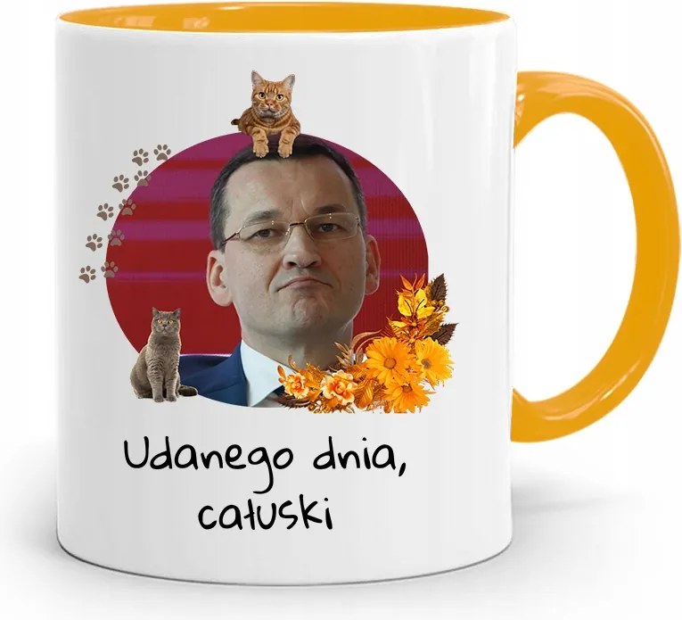 Sárga Politikus Bögre Mateusz Morawiecki Miniszterelnök fényképes nyomtatással