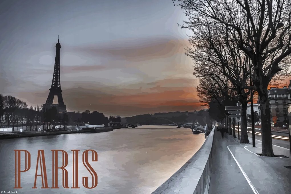Poszter 30x20cm Szajna folyó és az Eiffel-torony alkonyatkor, Assaf Frank