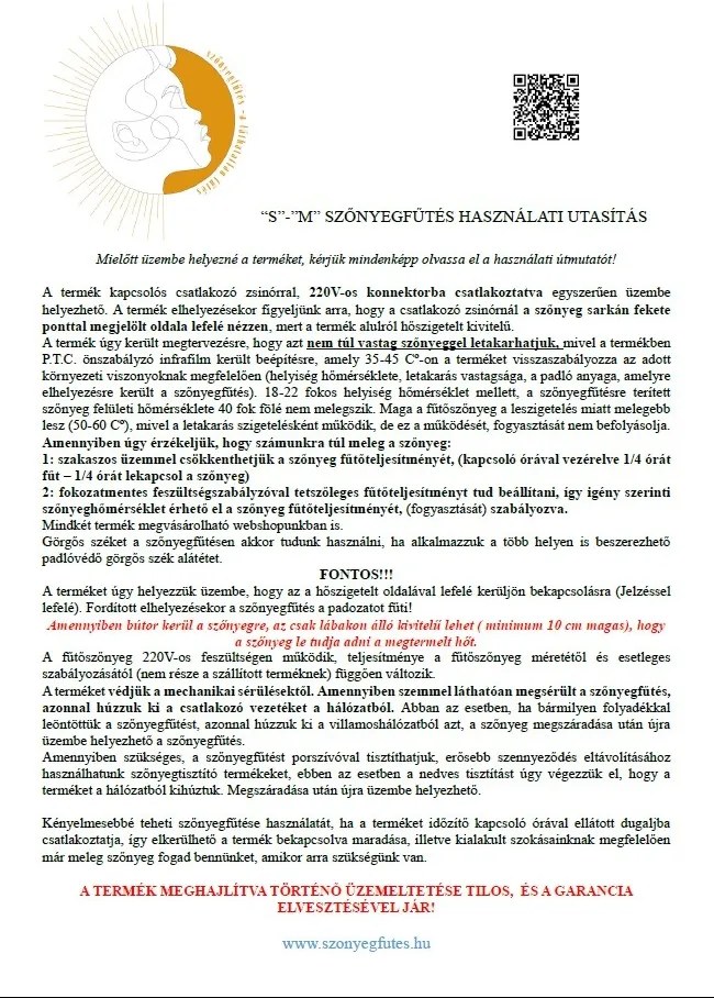 Otthoni infra fűtőszőnyeg - M/S 105*130 cm