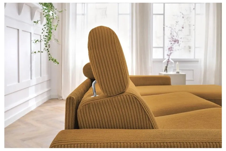 Mustársárga kordbársony kinyitható sarokkanapé (variálható) Monaco – Bobochic Paris