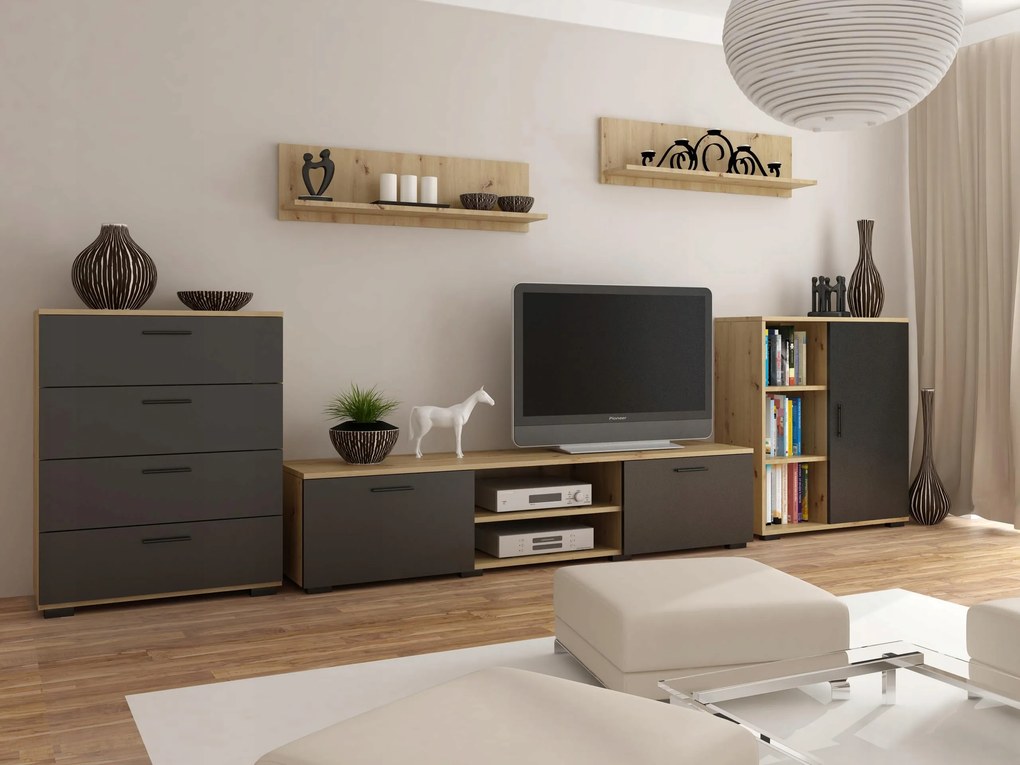 Chopin 2 bútorfal, artisan tölgy/fekete színben, Per TV-szekrénnyel