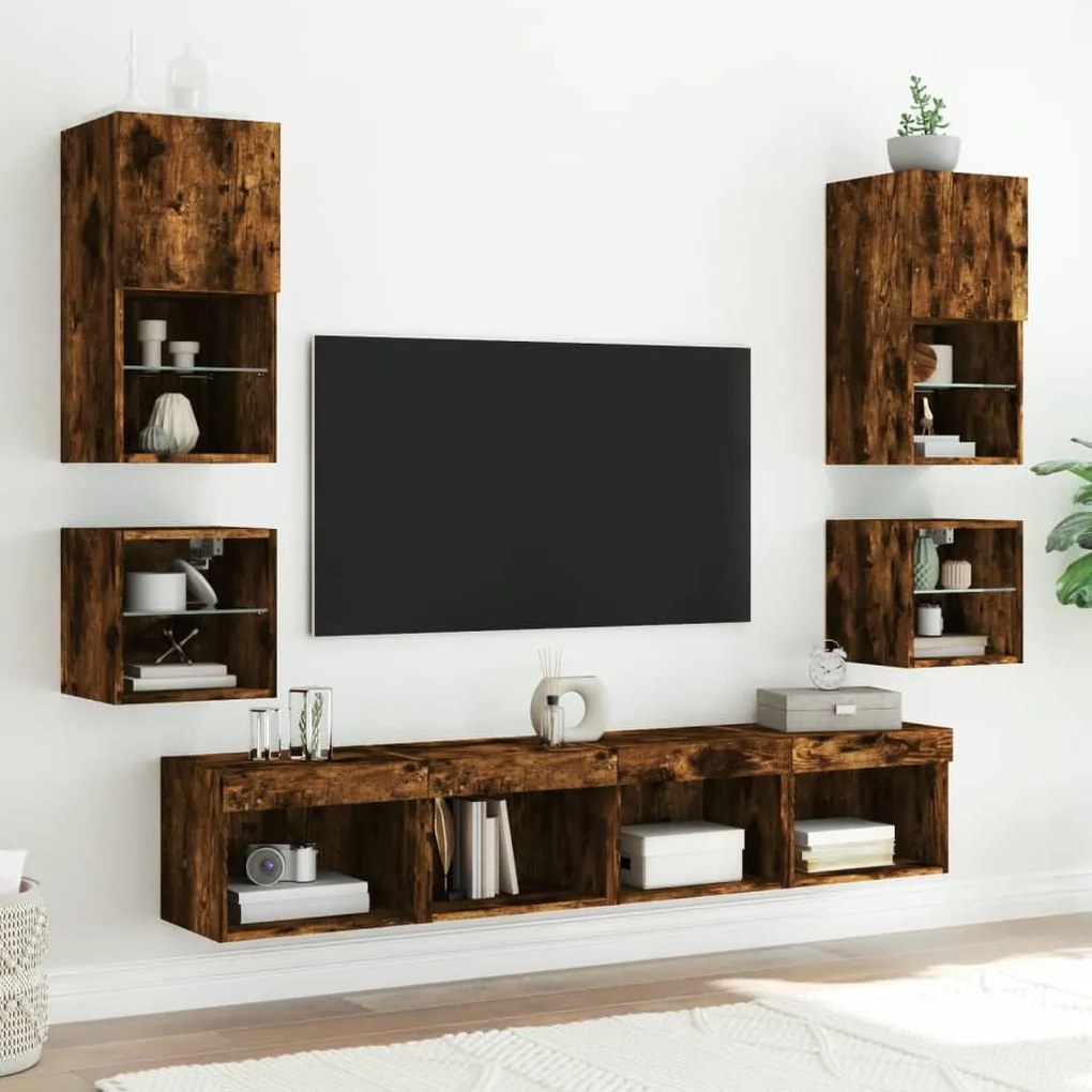 füstös tölgy színű fali TV-szekrény LED-ekkel 30 x 28,5 x 30 cm