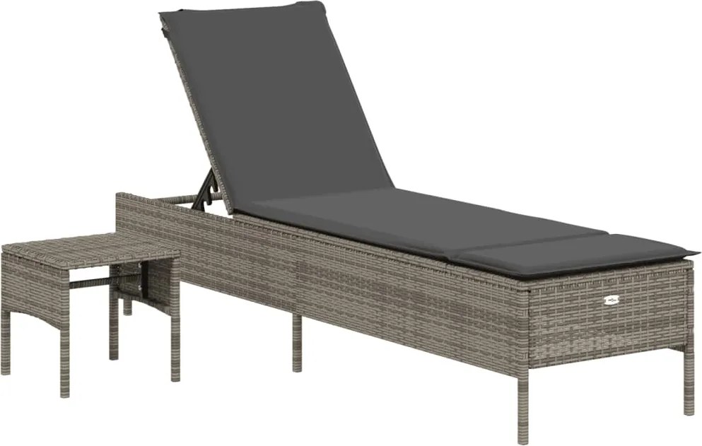 vidaXL szürke polyrattan napozóágy asztallal és párnával