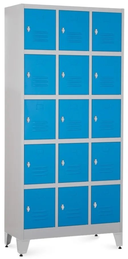 Fém szekrény - 15 doboz, 90 x 40 x 196,5 cm, helyreigazítással, lakathoz zár, kék - ral 5012