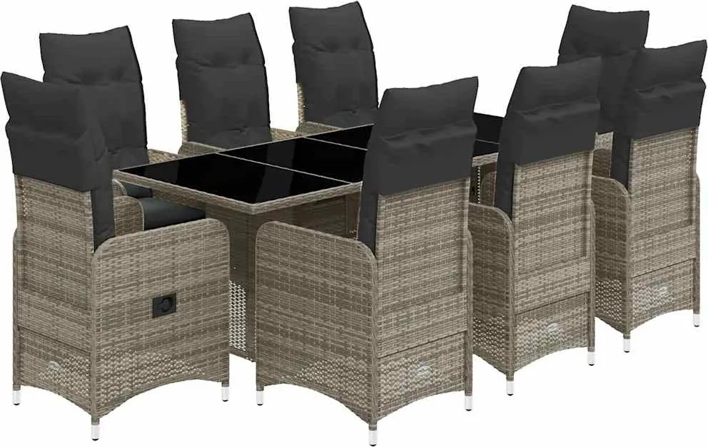 vidaXL 9 részes szürke polyrattan kerti bisztrógarnitúra párnákkal