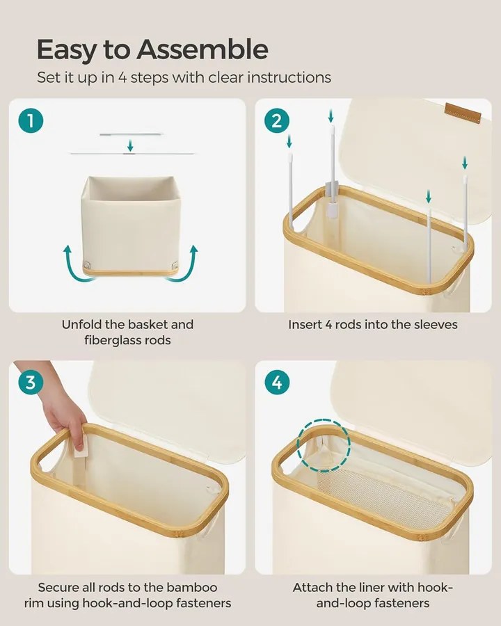 Keskeny szennyeskosár fedéllel, 65 L, krémfehér