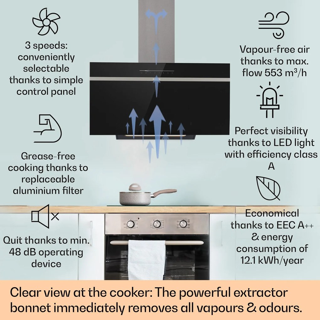 Klarstein Ava 90, Smart, páraelszívó, 90 cm, falra szerelhető, WiFi, A++, 515m³/h, érintőképernyő