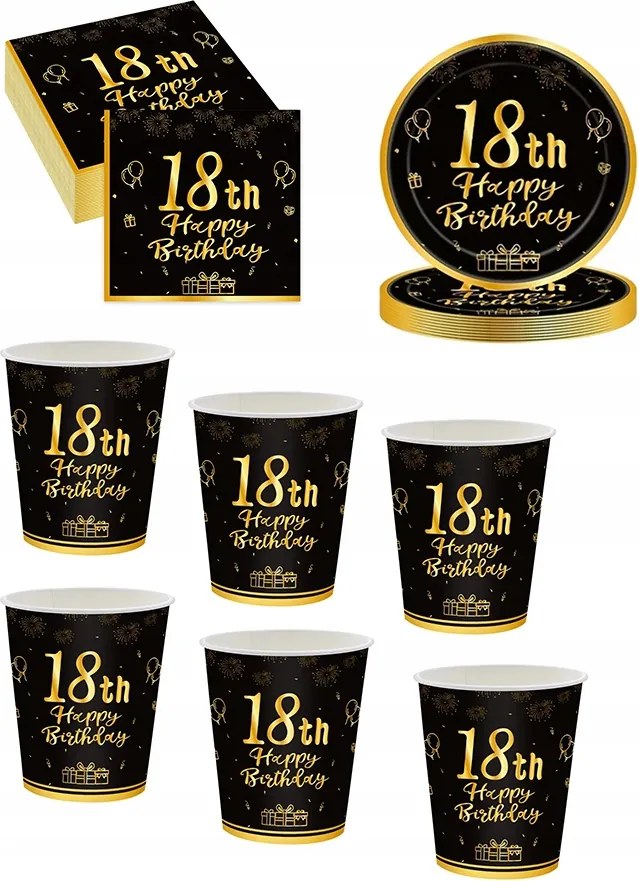 Bögre Szett Tányérok Papírszalvéta 18. születésnap Fekete-arany Ga