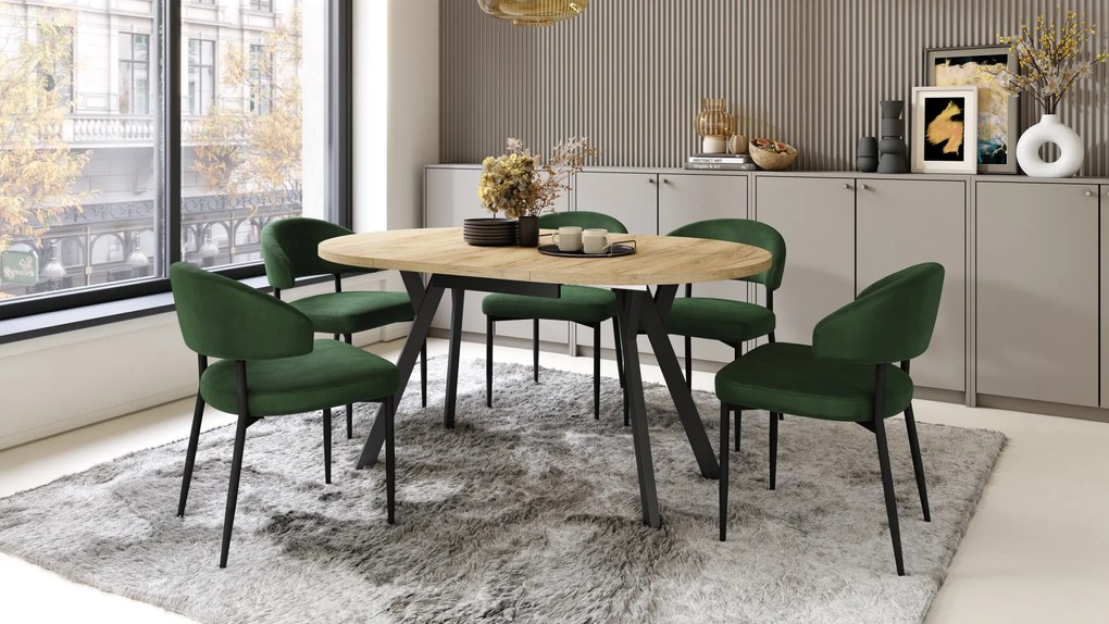 Mazzoni ALDO Arany Craft tölgy/fekete lábak - LOFT/IPARI STÍLUSÚ BŐVÍTHETŐ KEREK ASZTAL NAPPALIBA/ÉTKEZŐBE "Y" ALAKÚ LÁBAKKAL