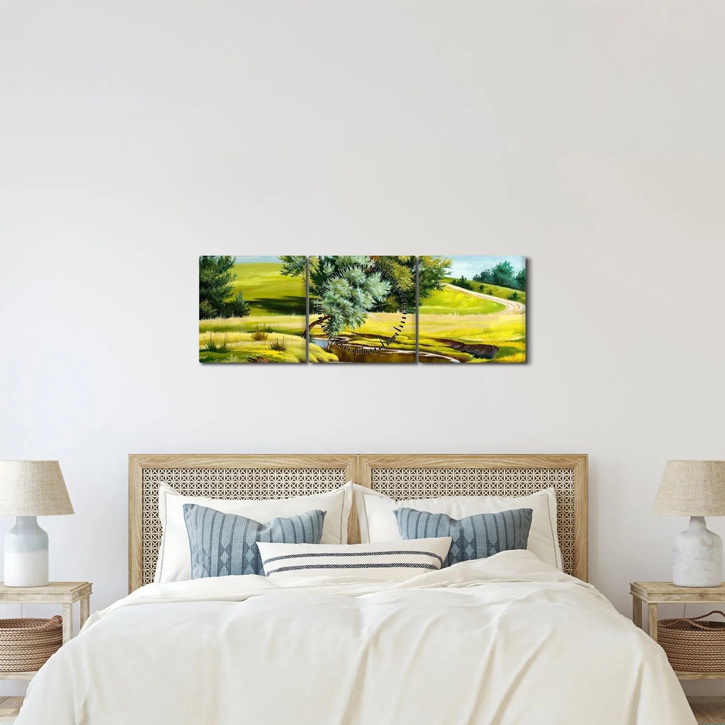 Kép - folyó a rétek között,, olajfestmény (órával) (90x30 cm)