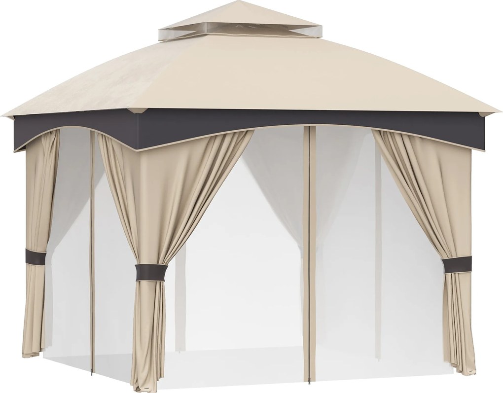Outsunny 3x3m Acél Kertipavilon Két Rétegű Tetővel, Hálókkal és Függönyeivel, Bézs és Kávé | Aosom