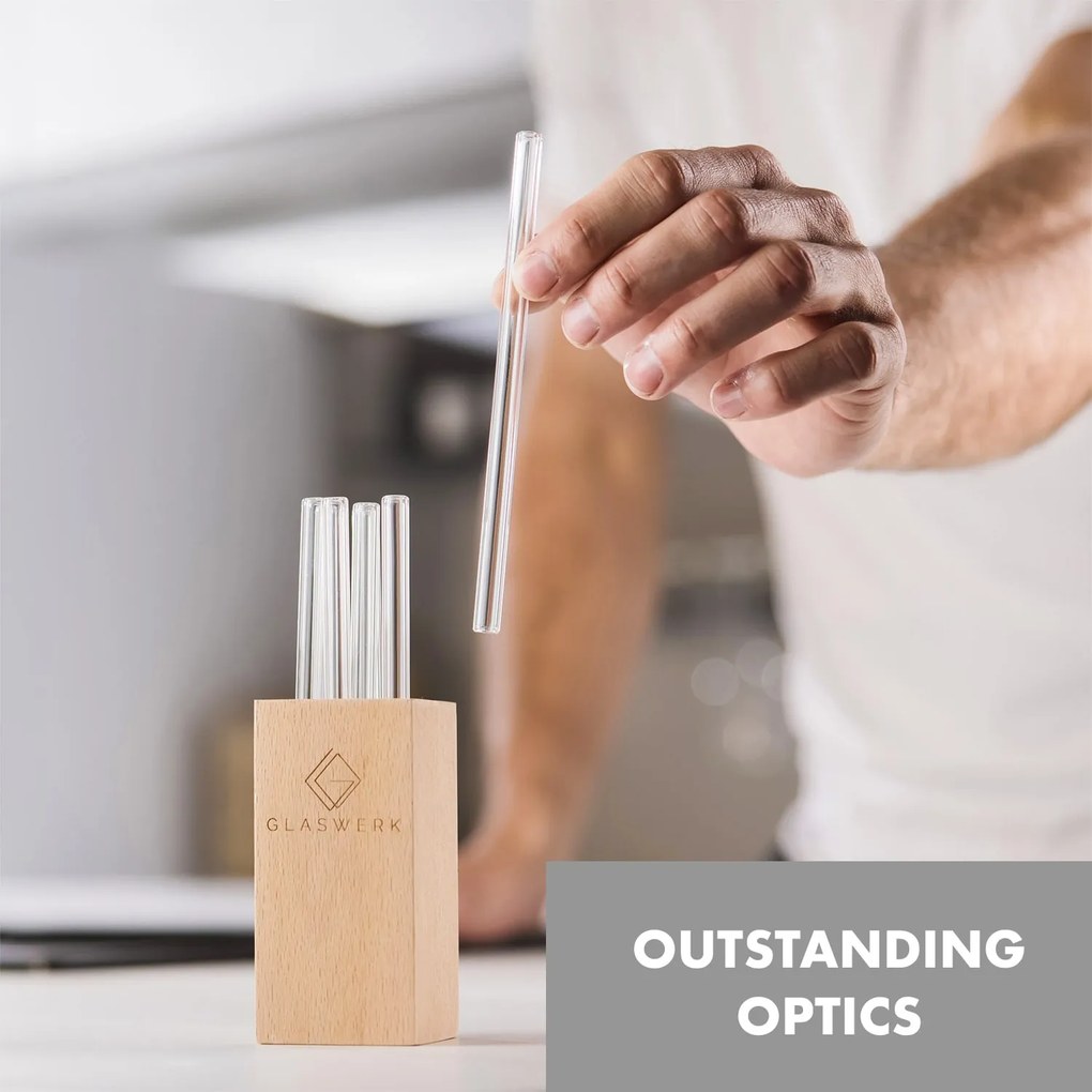 Klarstein Glaswerk Frezzeria, üveg szívószálak, 7 darab, 0,8 x 15 cm (Ø x M), fa tartó, kefe