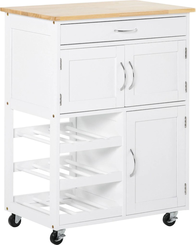 HOMCOM Konyhai Kocsi Kerekekkel, Fiókkal, 2 Tároló Szekrénnyel és 3 Nyitott Polccal, 9 Palackhoz, Étkezőbe vagy Étterembe, 67x37x87 cm, Fehér | Aosom