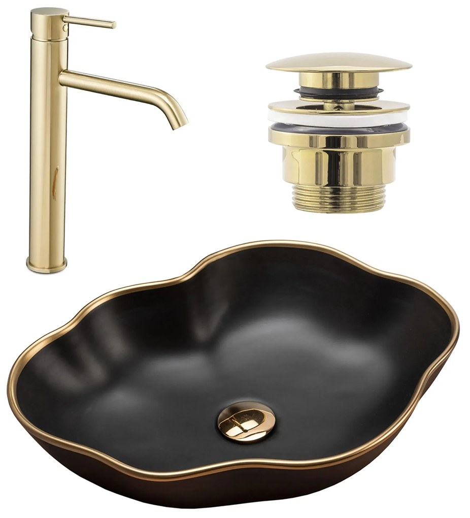 készlet Pultos mosdó Pearl black matt gold edge + Fürdőszobai csaptelep Lungo gold + Dugó gold