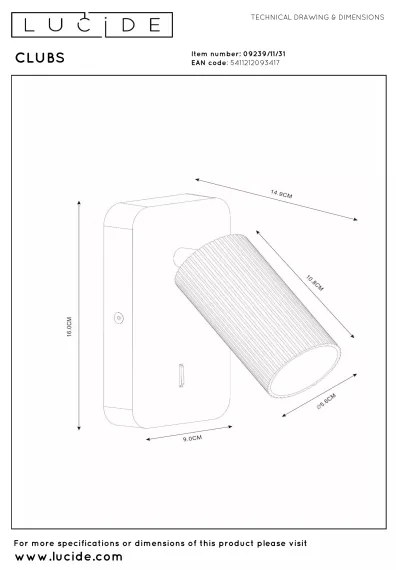 Lucide 09239/11/31 - Fali irányítható spotlámpa CLUBS 1xGU10/40W/230V fehér