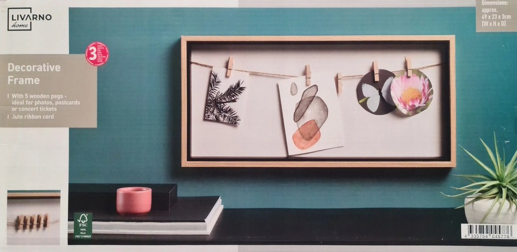 Képkeret Livarno 23 x 49 x 3 cm, zsinórokkal és csipeszekkel