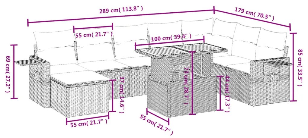 9 részes szürke polyrattan kerti ülőgarnitúra párnákkal