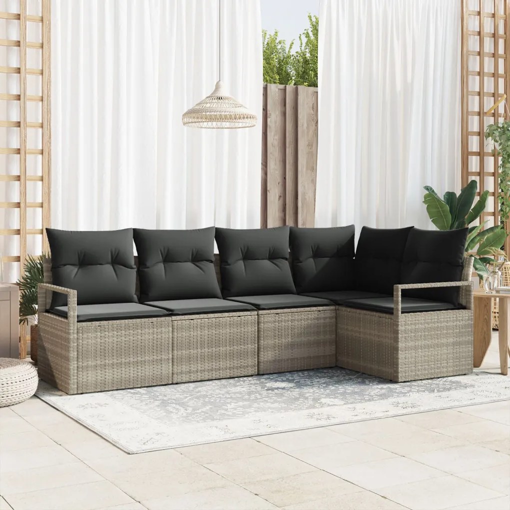 5 darabos Kertibútor szett párnákkal Világosszürke Poli rattan, 2 személyes Kertibútor párnákkal Szürke Poli rattan