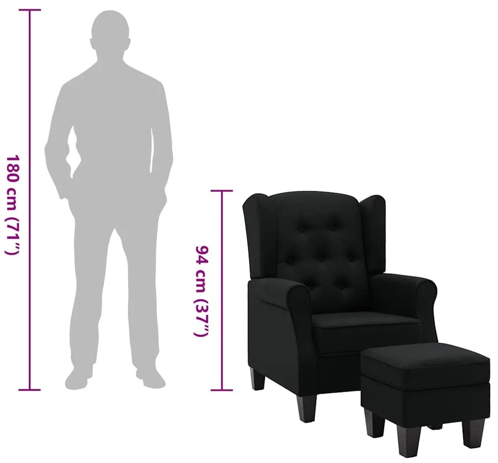 fekete szövet fotel lábzsámollyal