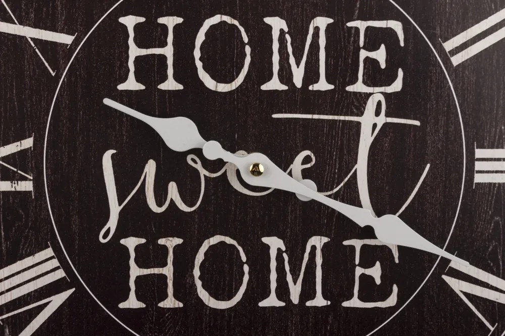 Home Sweet Home fekete vintage mintás szögletes kvarc falióra római számokkal 34x34x2,5cm