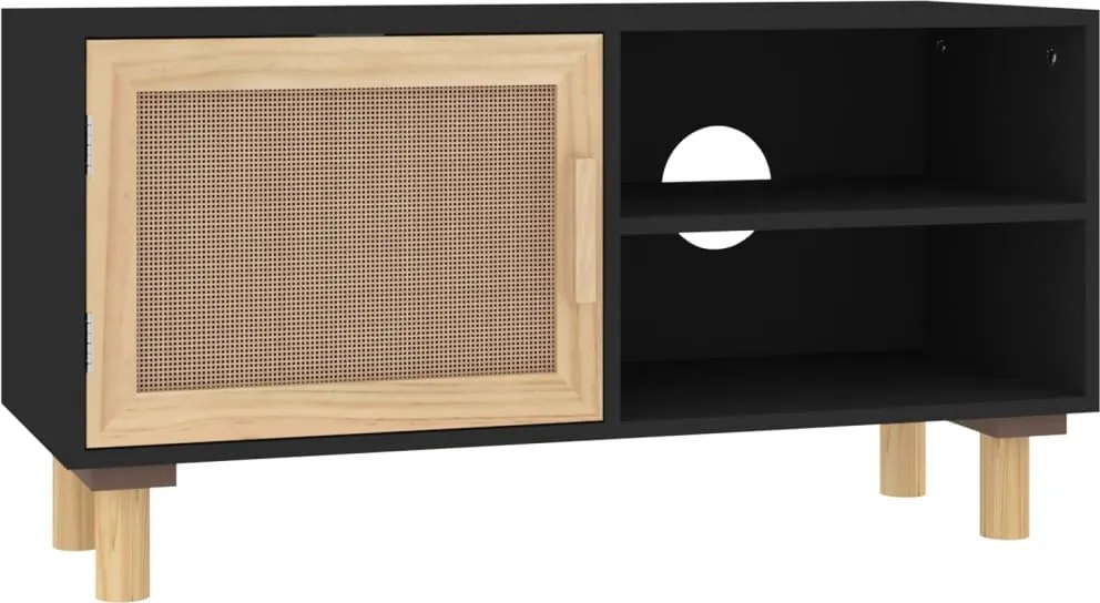 vidaXL fekete fenyőfa és természetes rattan TV-szekrény 80x30x40 cm