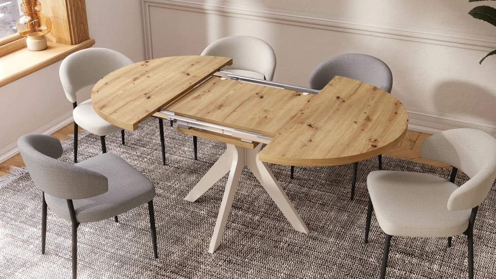 Mazzoni RENZO Artisan Tölgy/bézs láb (pezsgő) - KEREK ASZTAL Ø110 180 cm-re BŐVÍTHETŐ | A KONYHÁBA ÉTKEZŐBE NAPPALIBA RETRO