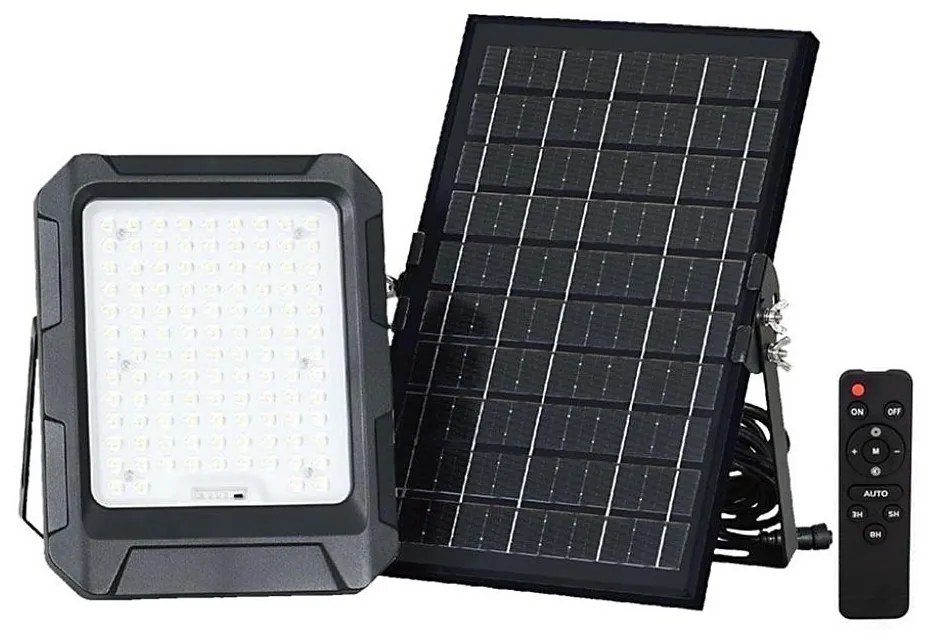 LED napelemes reflektor 10W, 3,7V, IP65, 4000K, fekete + távirányító