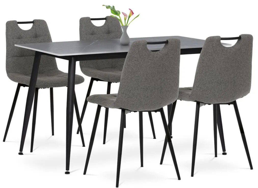 Set de sufragerie 1+4, masa 130x70, blat din piatră sinterizată cu model marmura gri mat, scaune cu tapițerie din stofă gri