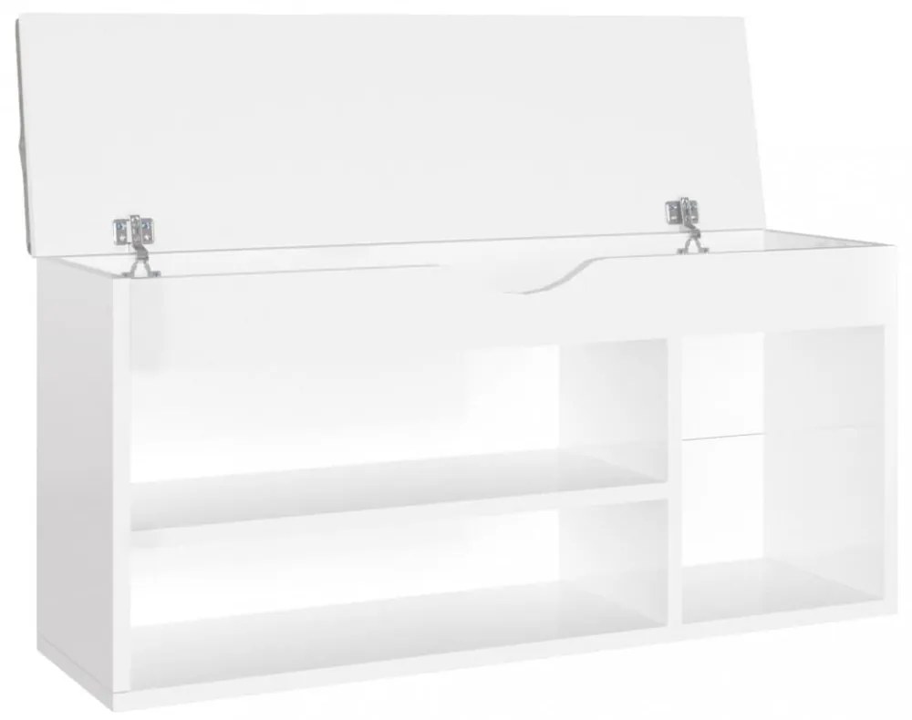 magasfényű fehér szerelt fa cipőtároló pad párnával 104x30x49cm