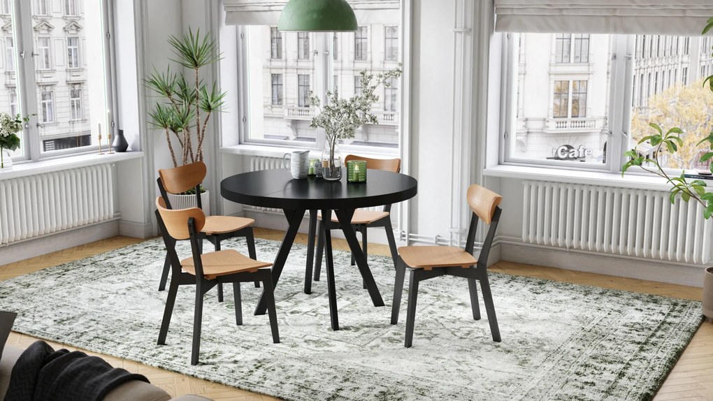 Mazzoni EXPANSO Fekete Matt/fekete lábak - LOFT/IPARI STÍLUSÚ 310 cm-re BŐVÍTHETŐ NAGY KEREK ASZTAL Ø110 Y LÁBAKKAL