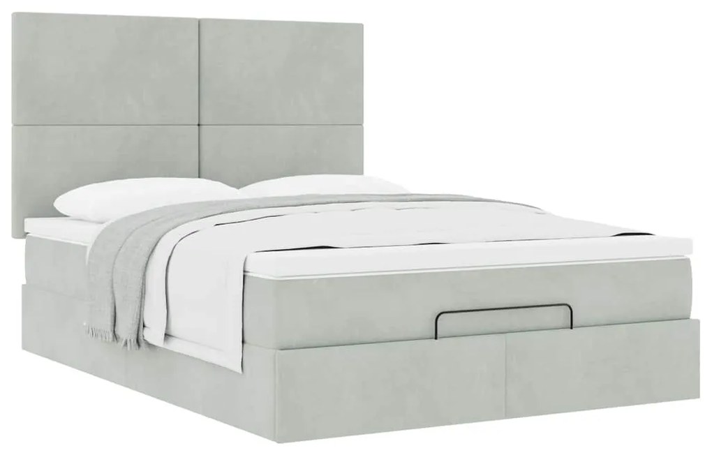 Ottomán ágykeret matracokkal világosszürke 140x190cm bársony