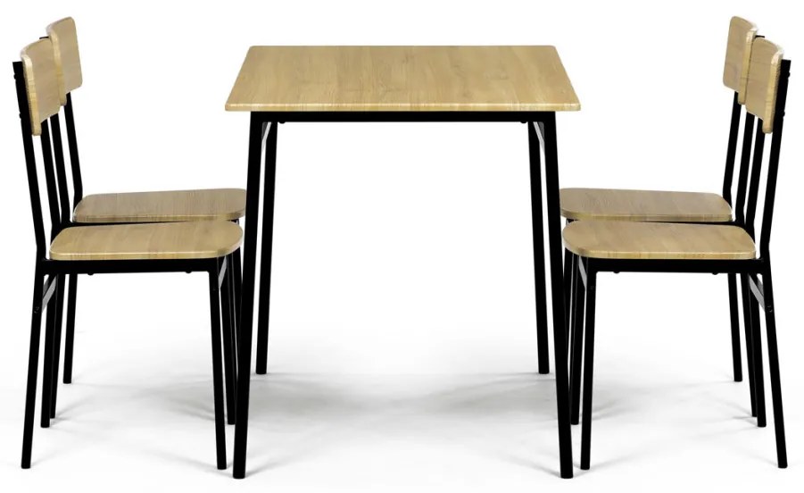 Set de sufragerie Masă cu Patru Scaune, MDF, decor Stejar Natural, cadru metalic negru