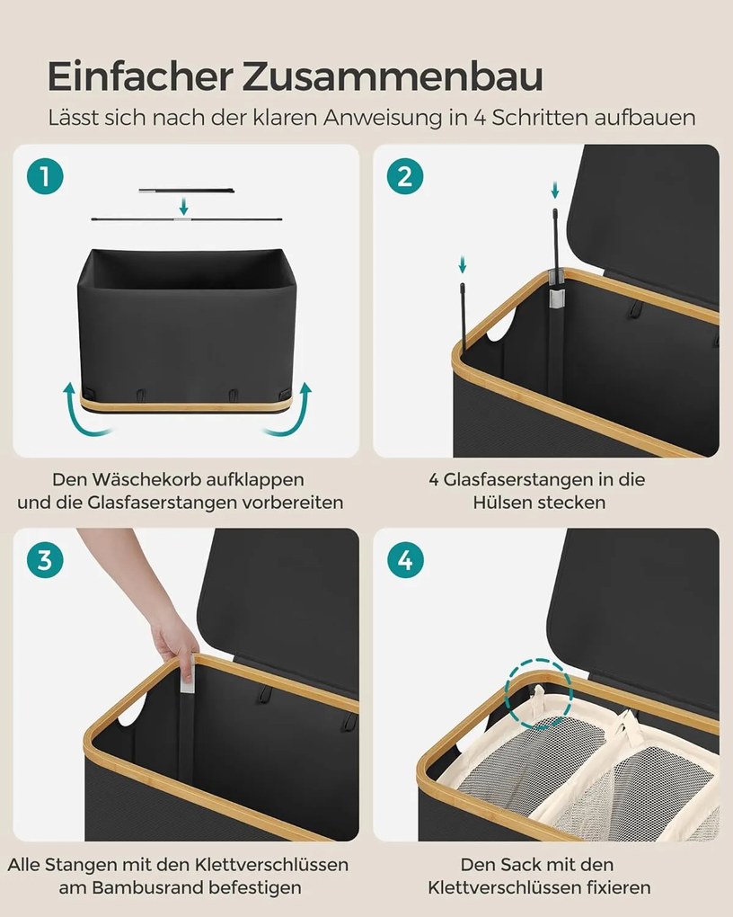 szennyeskosár fedéllel – 3 rekeszes ruhagyűjtő, 150 l űrtartalommal fekete színben