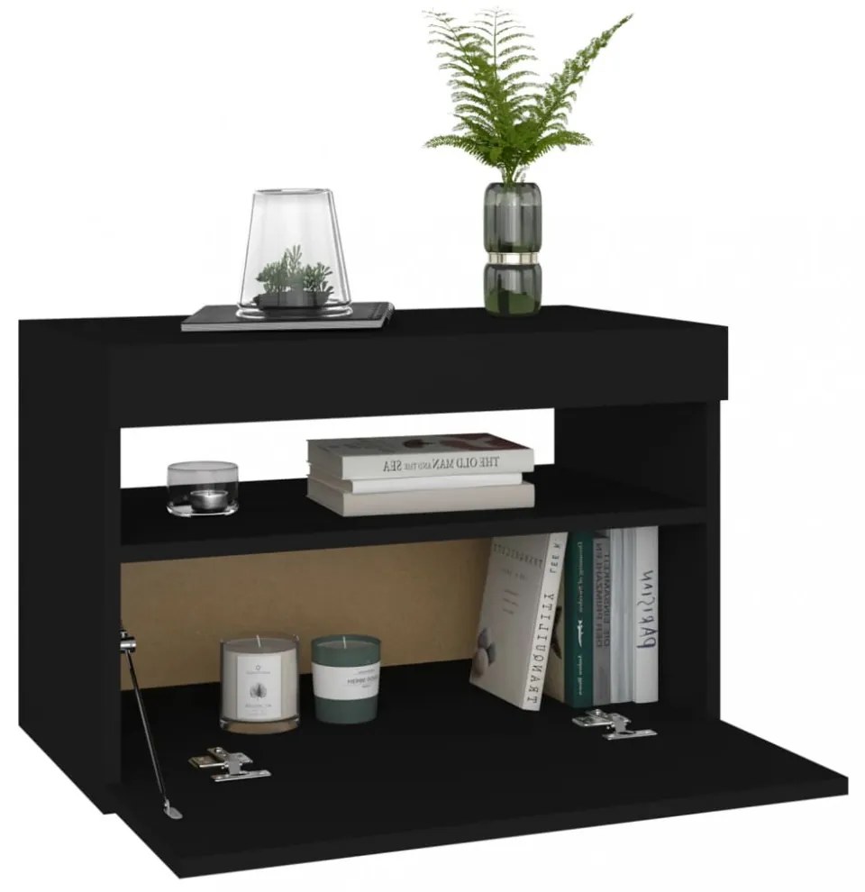 2 db fekete éjjeliszekrény LED-lámpákkal 60x35x40 cm szerelt fa