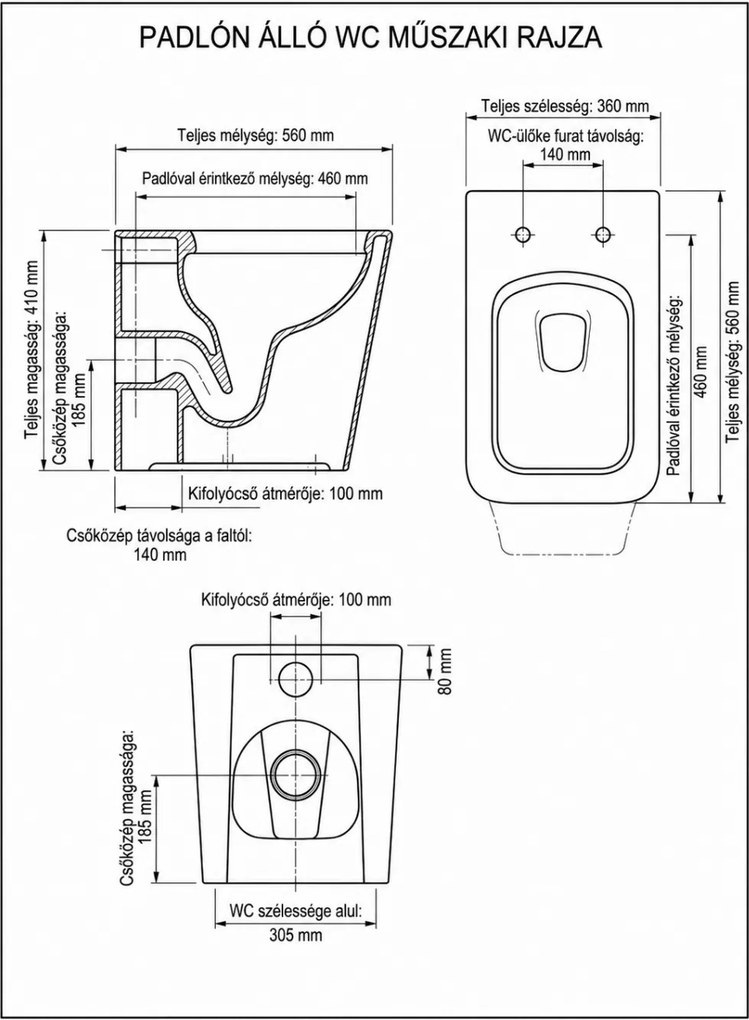 Eros ES QUADRO padlón álló WC - ülőkével komplett - perem nélküli öblítés - alsó / hátsó kifolyású
