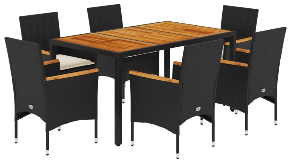 vidaXL7részes fekete polyrattan/akácfa kerti étkezőgarnitúra párnákkal