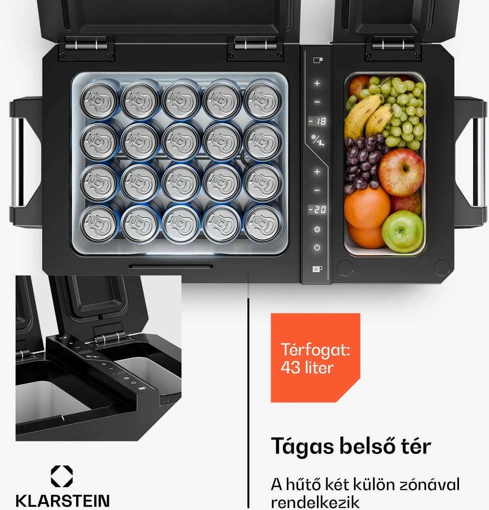 Klarstein Arctiq Duo hűtőtáska | Kompresszorral | 43 liter | 58 doboz | -18-20 °C | Fekete | 78 cm