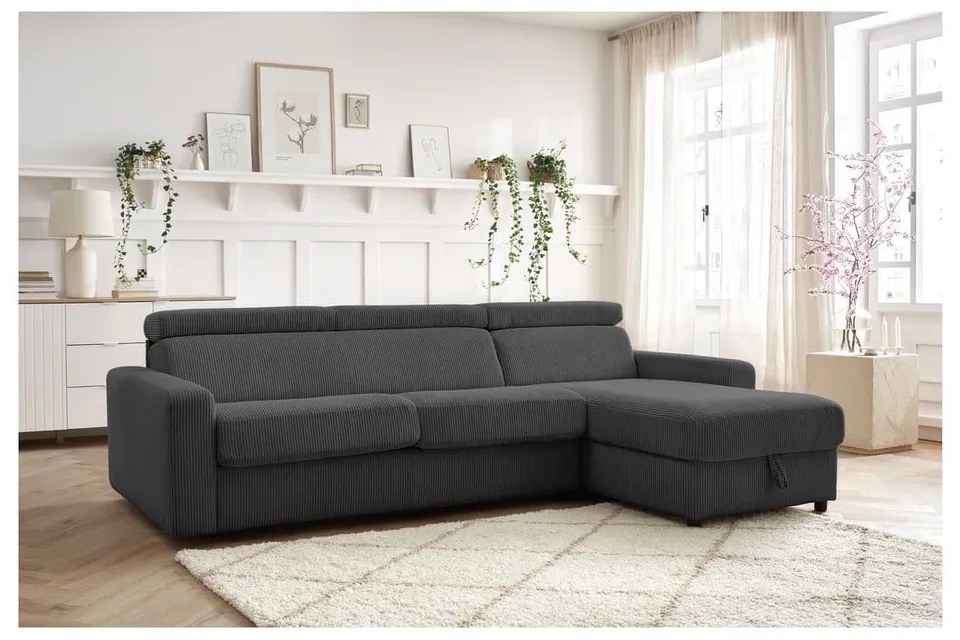 Sötétszürke kordbársony kinyitható sarokkanapé (variálható) Monaco – Bobochic Paris