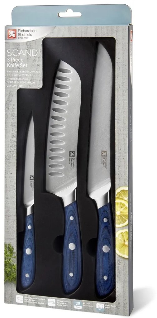 3 kés készlet, Richardson Sheffield, Scandi, rozsdamentes acél, kék