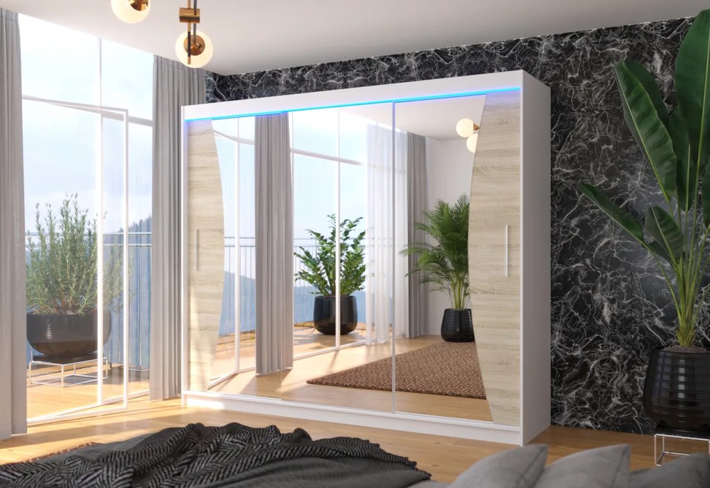 MARADONA tolóajtós ruhásszekrény tükörrel, 250x215x58, fehér + LED