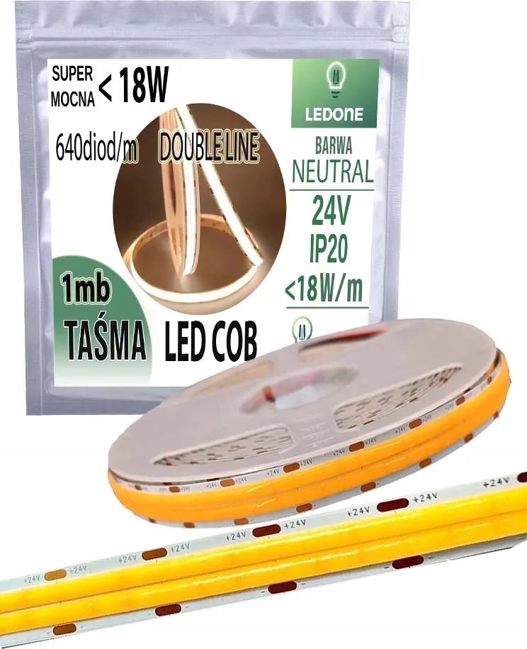 Cob Led Szalag 24V szuper erős 18w/m 1800 lm/m Neon vonal Double neutral 1M