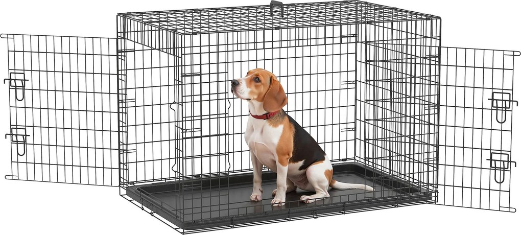 PawHut Összecsukható Kutya Ketrec 2 Ajtóval, Kivehető Tálcával és Szállító Fogantyúval 92x57x62.5 cm Fekete | Aosom